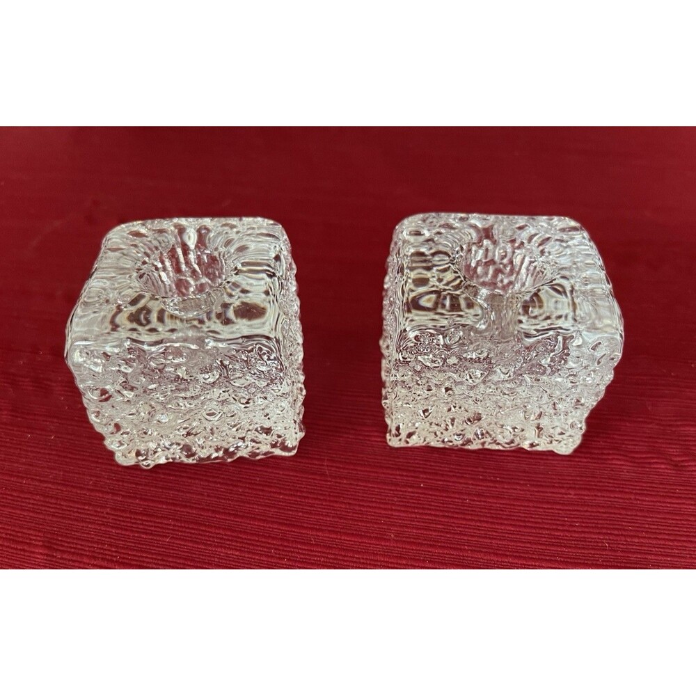 Iittala or Ingrid Glass MCM Ice Block Candle Holders Pair Brutalist Texture